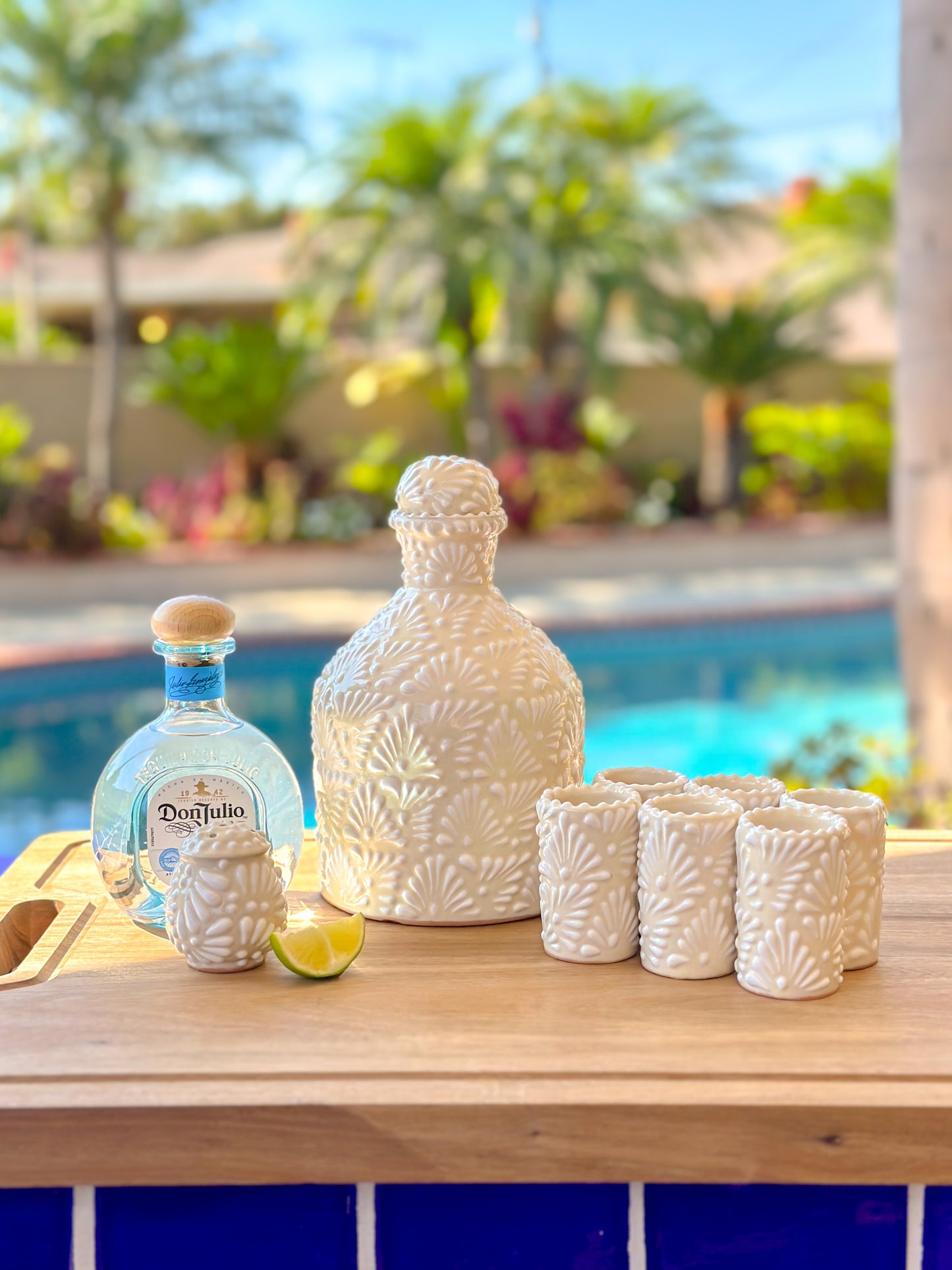 Talavera Tequilero & 6 shot glasses & salt shaker (White)