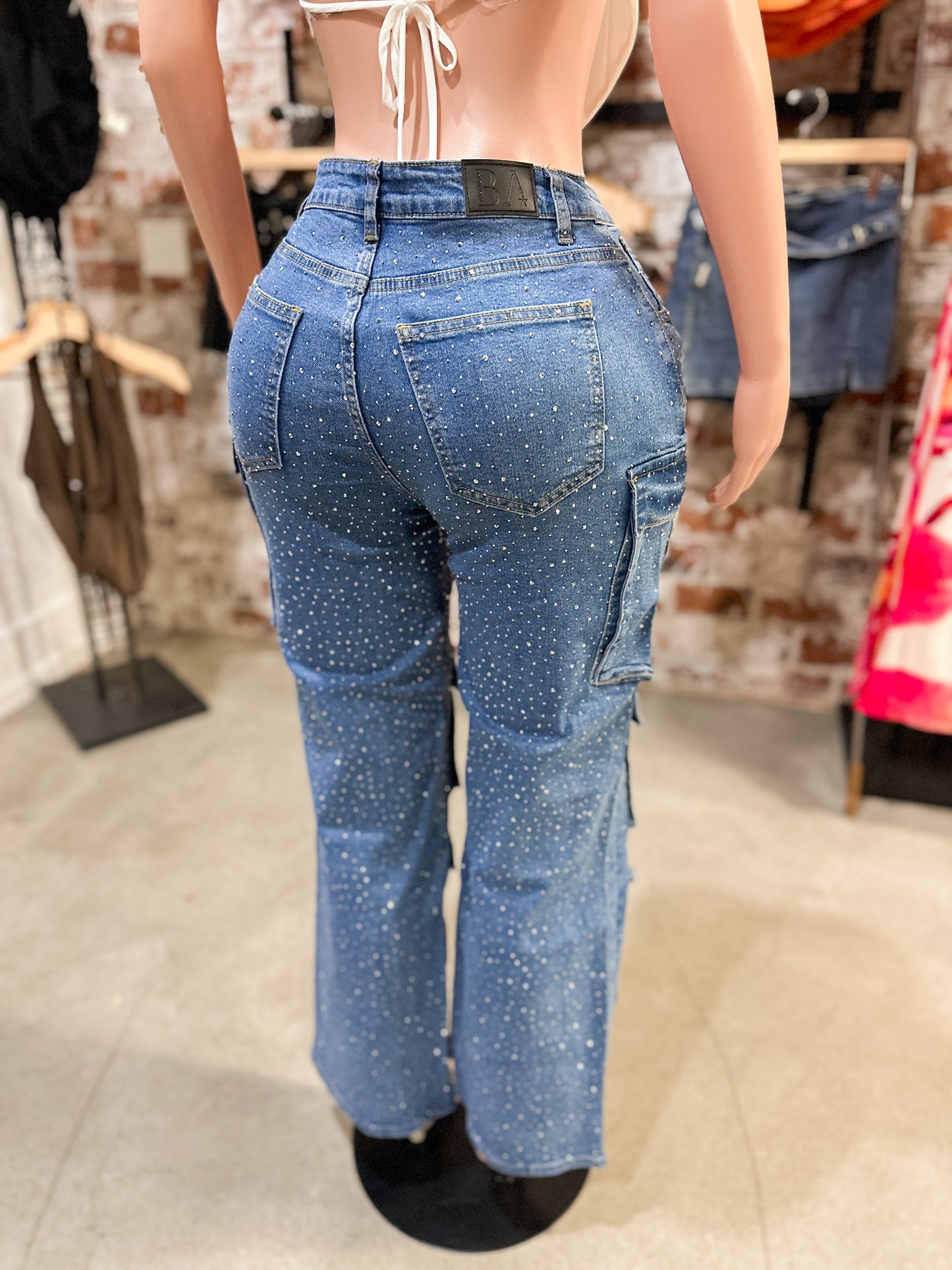 Rhinestone Cargos (Medium Wash)