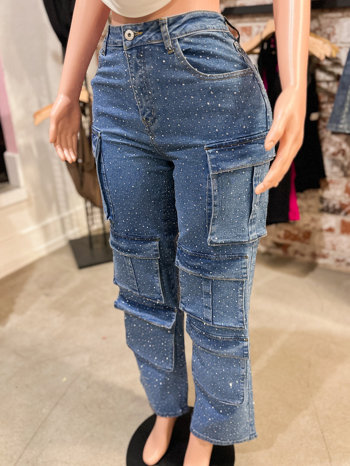 Rhinestone Cargos (Medium Wash)