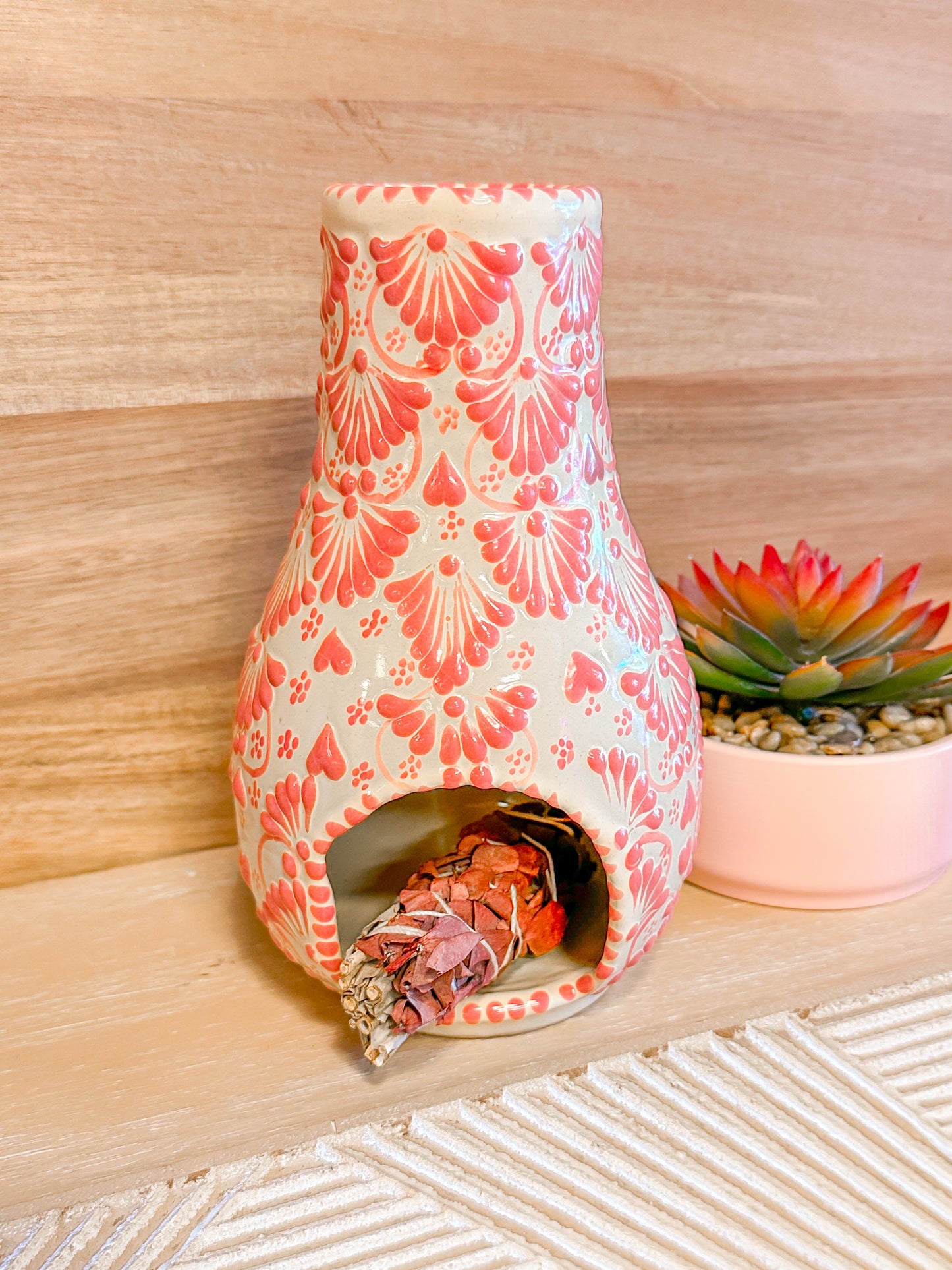 Talavera Medium Chimenea Incense Burner (Dusty Rose & Cream)