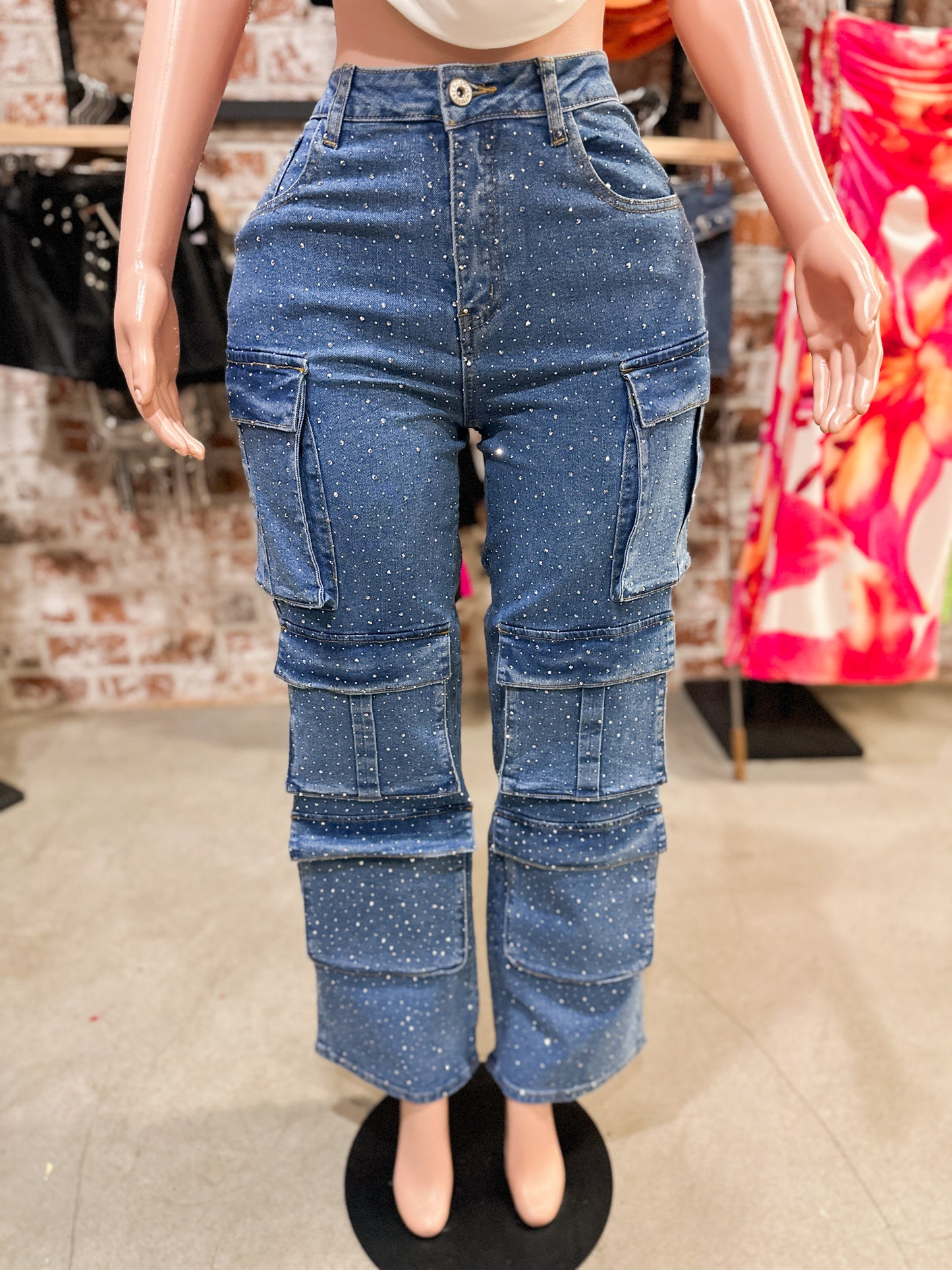 Rhinestone Cargos (Medium Wash)