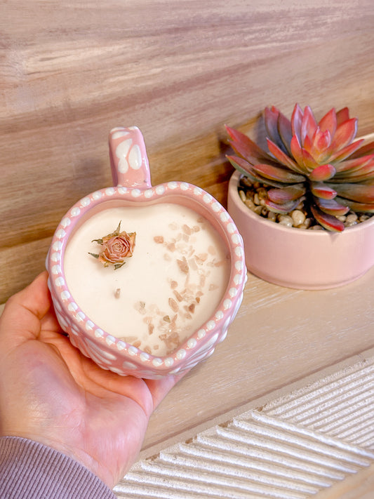 Talavera Small Heart Mug Candle (Pink & White)
