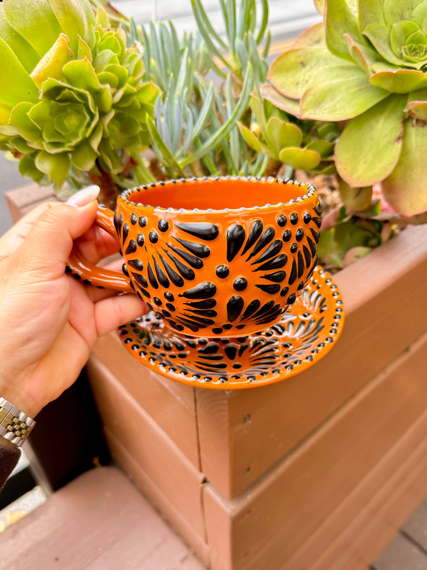 Talavera Mug & Small Plate (Brown & Black)