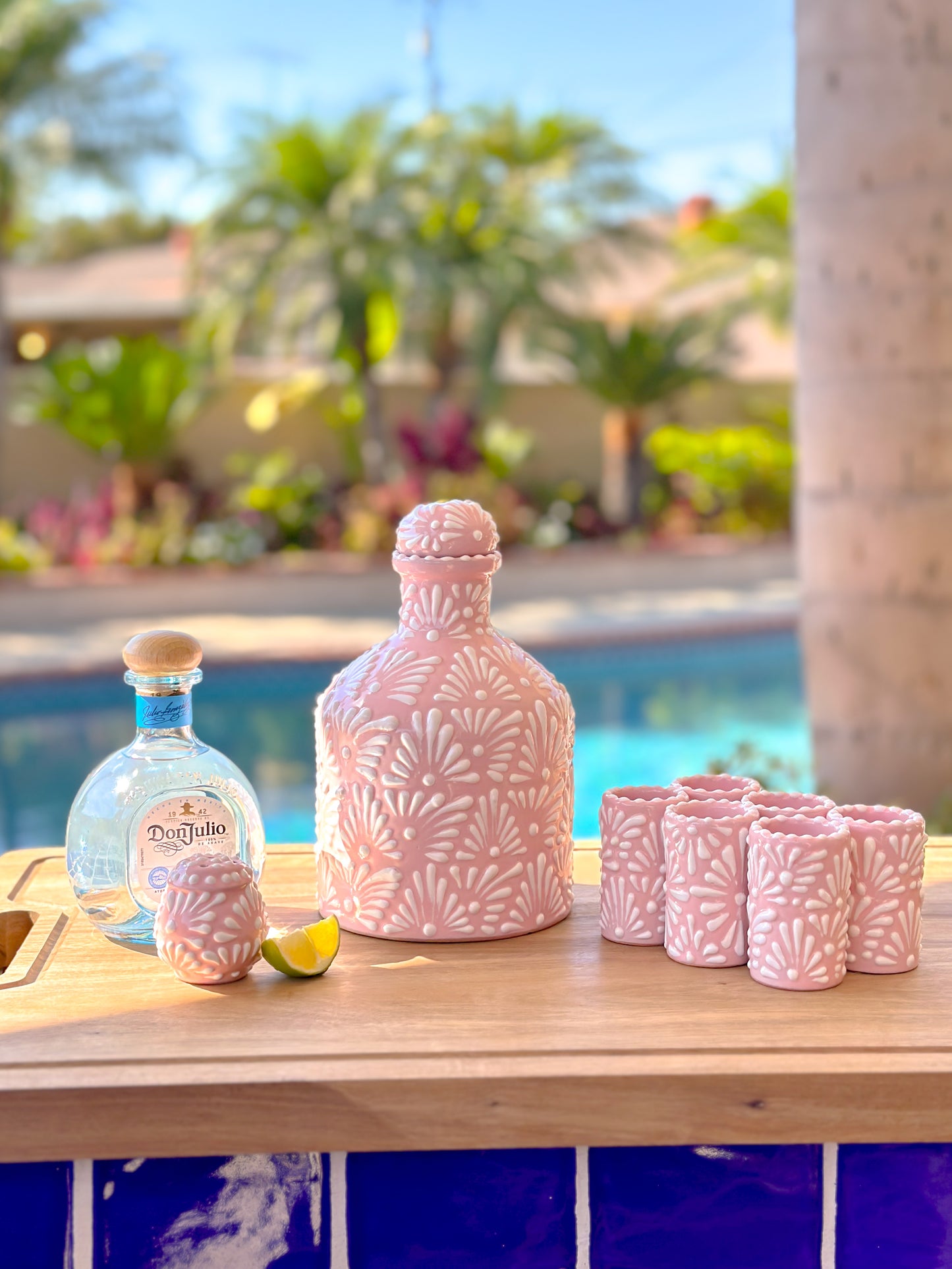 Talavera Tequilera & 6 shot glasses & salt shaker (Pink)