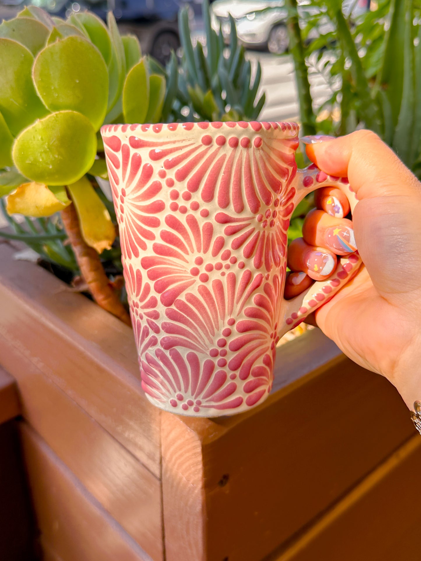 Talavera Tumbler With Handle (Dusty Rose & Cream)