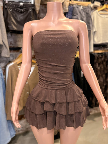 Glitter Ruffle Dress (Brown)
