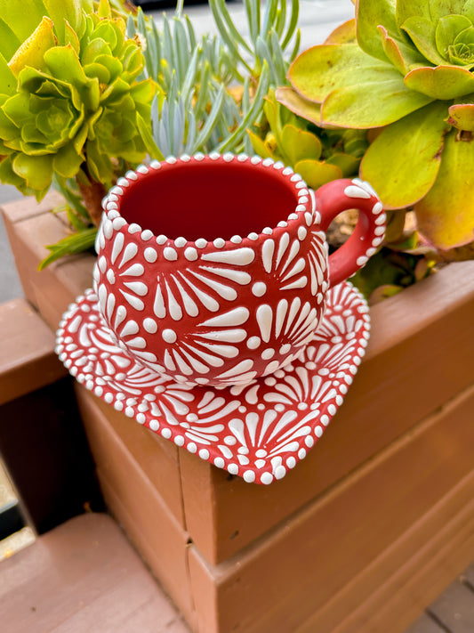 Talavera Mug & Heart Plate Set (Matte Red)