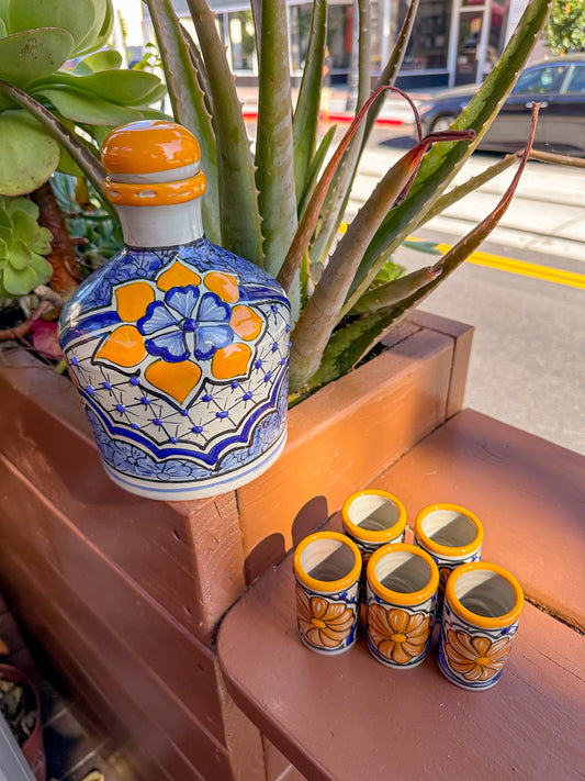 Talavera Tequilera & 5 shot glasses (Blue & Orange)