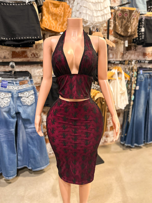 Red Lace Midi Skirt Set