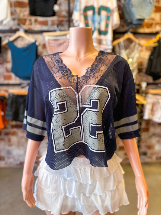 Navy Lace Crop Jersey