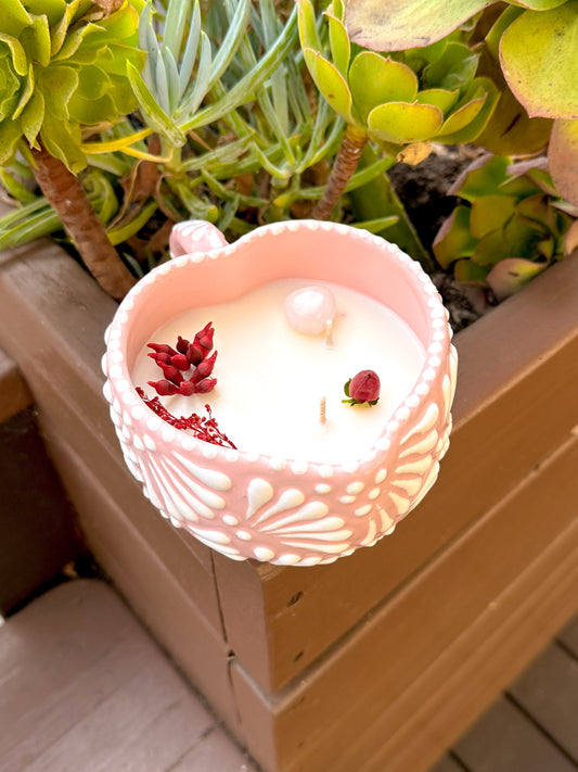 Talavera Heart Mug Candle (Pink & White)