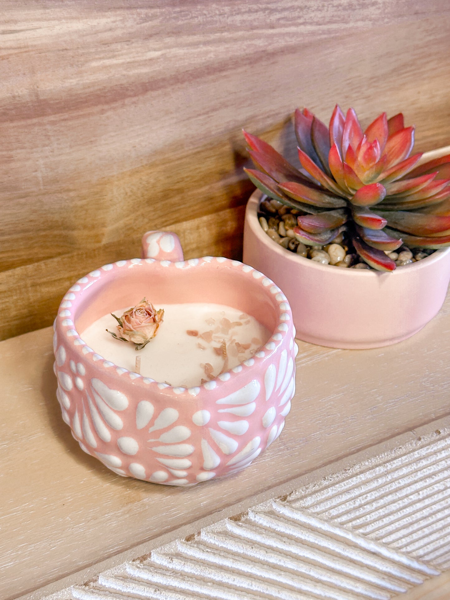 Talavera Small Heart Mug Candle (Pink & White)