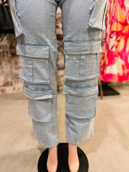 Rhinestone Cargos (Light Wash)