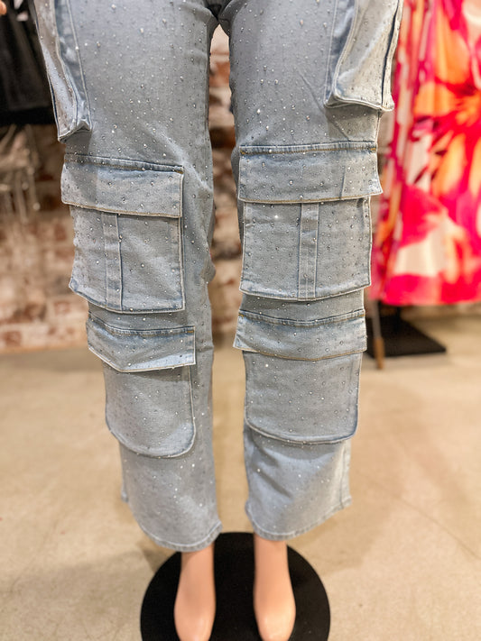 Rhinestone Cargos (Light Wash)