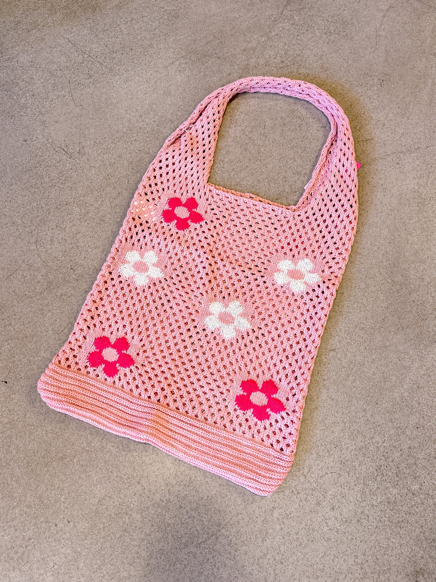 Pink Flower Crochet Tote Bag