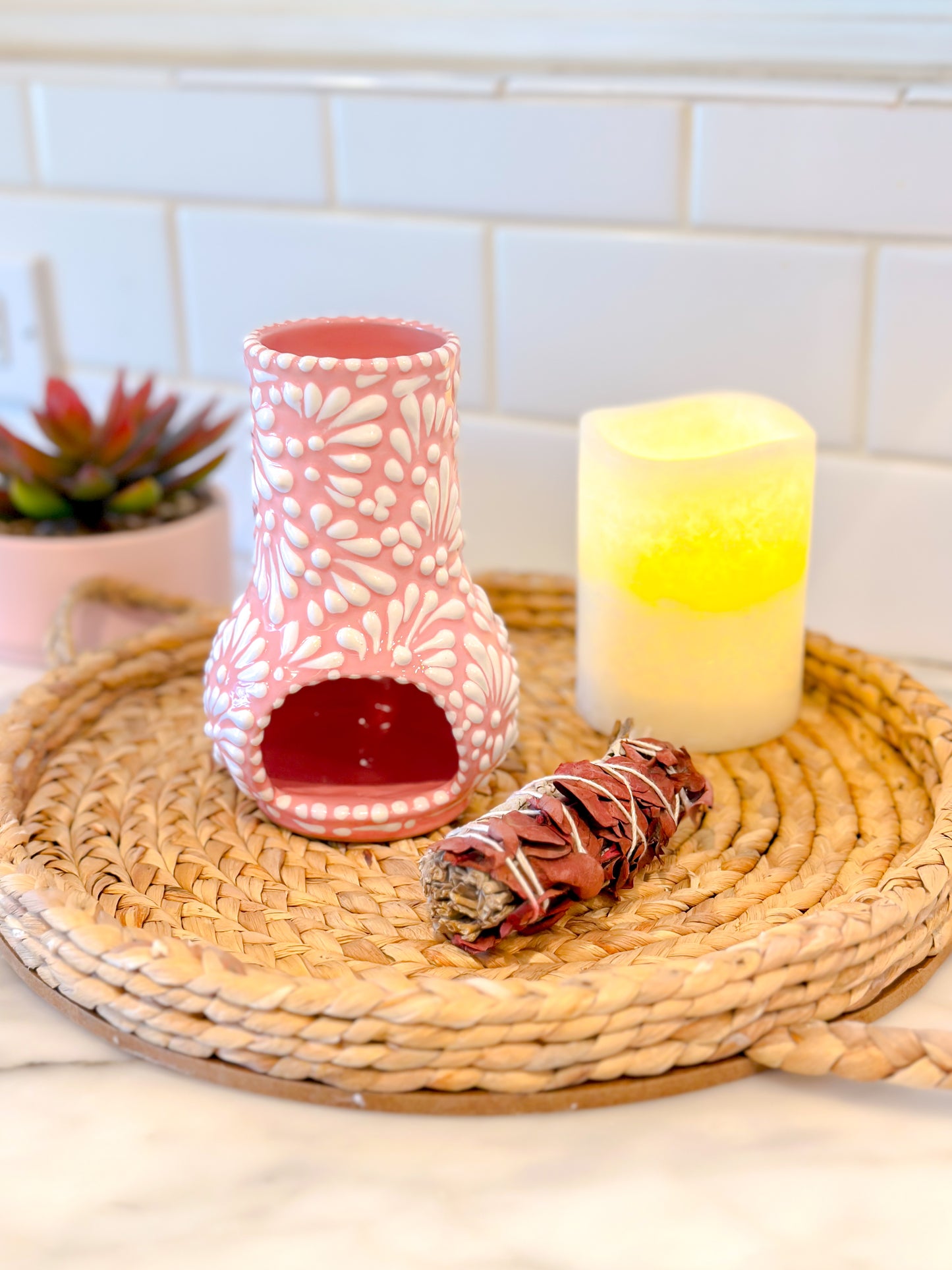 Talavera Mini Chimenea Incense Burner (Rose & White)