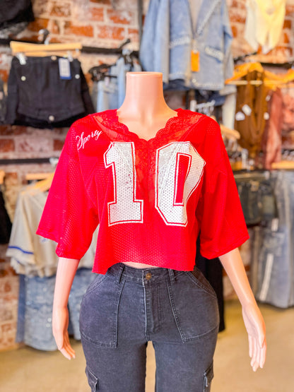 Red Lace Crop Jersey